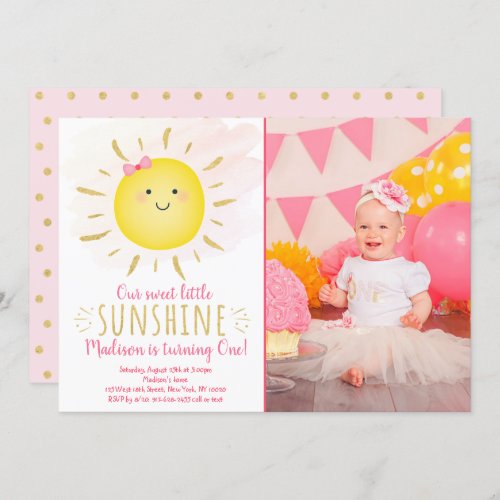 Little Sunshine Pink  Gold Birthday Invitation