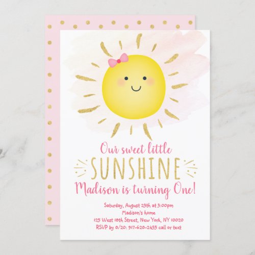 Little Sunshine Pink  Gold Birthday Invitation