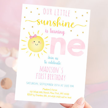 Little Sunshine Pink Gold First Birthday Invitation by LittlePrintsParties at Zazzle
