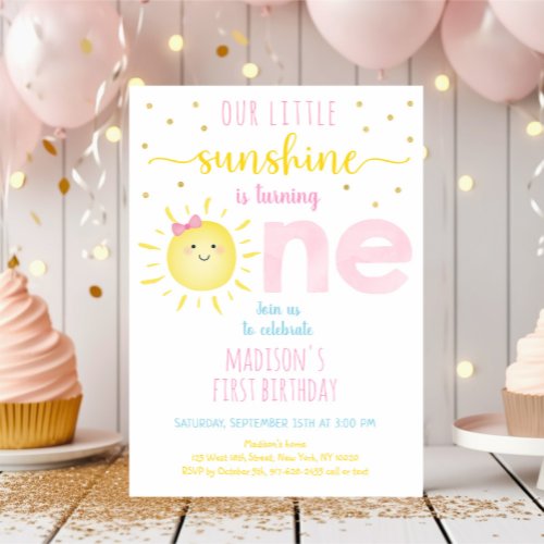 Little Sunshine Pink Gold First Birthday Invitation