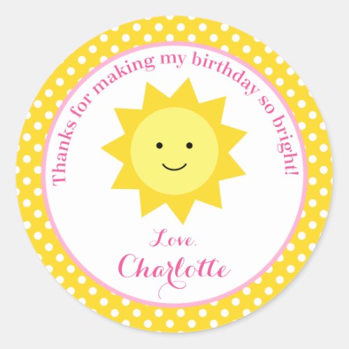 Little Sunshine Pink Yellow Birthday Party Favor Classic Round Sticker
