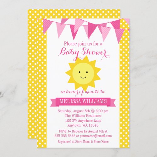 Little Sunshine Pink Yellow Bunting Baby Shower Invitation