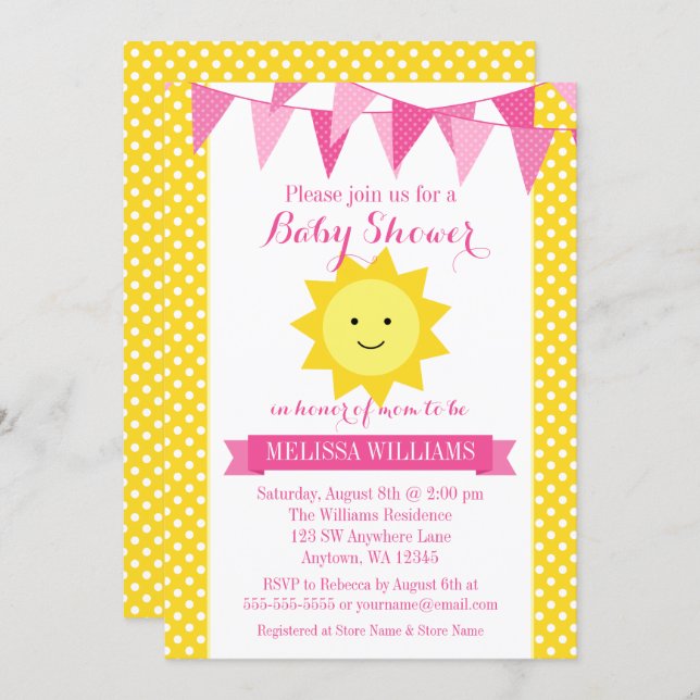 Little Sunshine Pink Yellow Bunting Baby Shower Invitation (Front/Back)