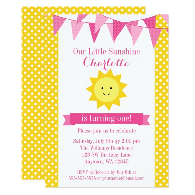Little Sunshine Pink Yellow Bunting Birthday Invitation