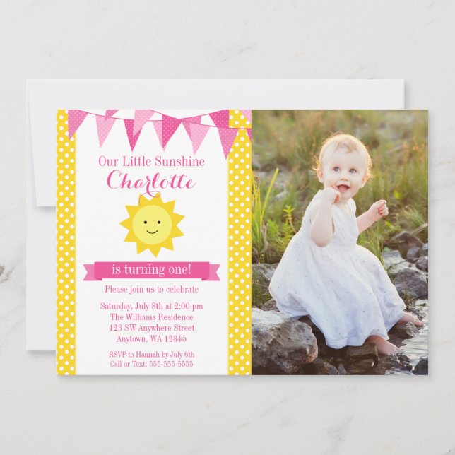 Little Sunshine Pink Yellow Bunting Birthday Photo Invitation (Front)