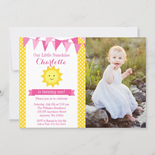 Little Sunshine Pink Yellow Bunting Birthday Photo Invitation