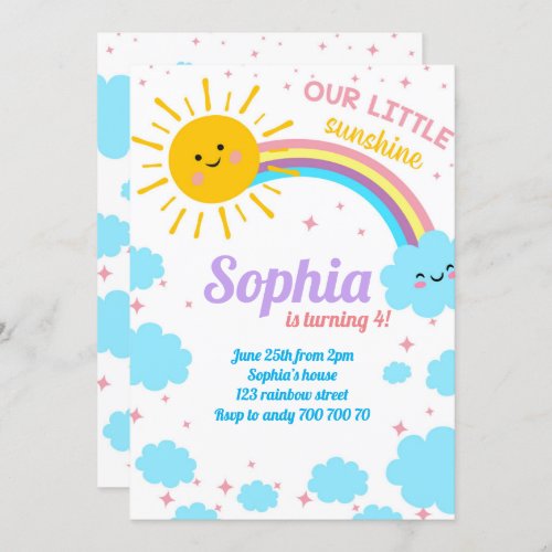 Little Sunshine Rainbow Clouds Pink Sun Birthday Invitation