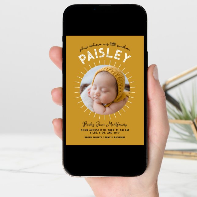 Little Sunshine Retro Photo Collage Birth Announcement (Front Digital)