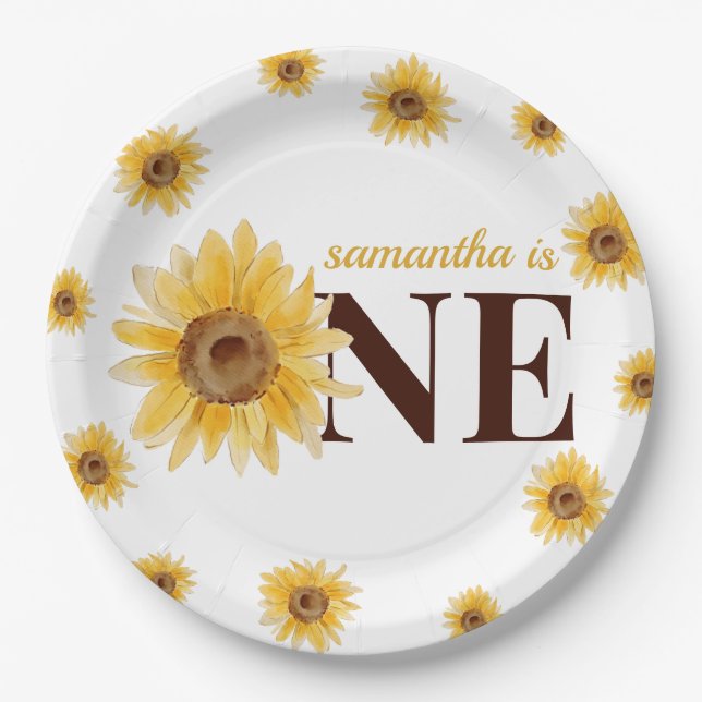 Little Sunshine Sunflower 1st Birthday Paper Plates (Front)