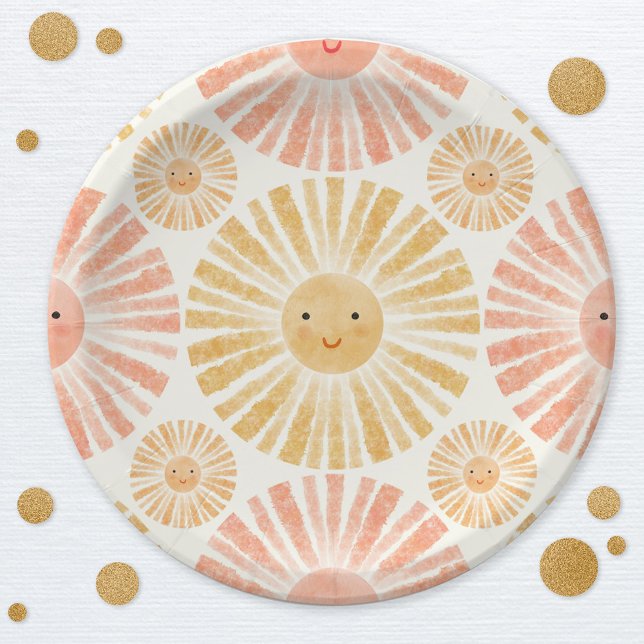 Little Sunshine Watercolor Pattern Paper Plates (Happy watercolor sunshine pattern party paper plates)