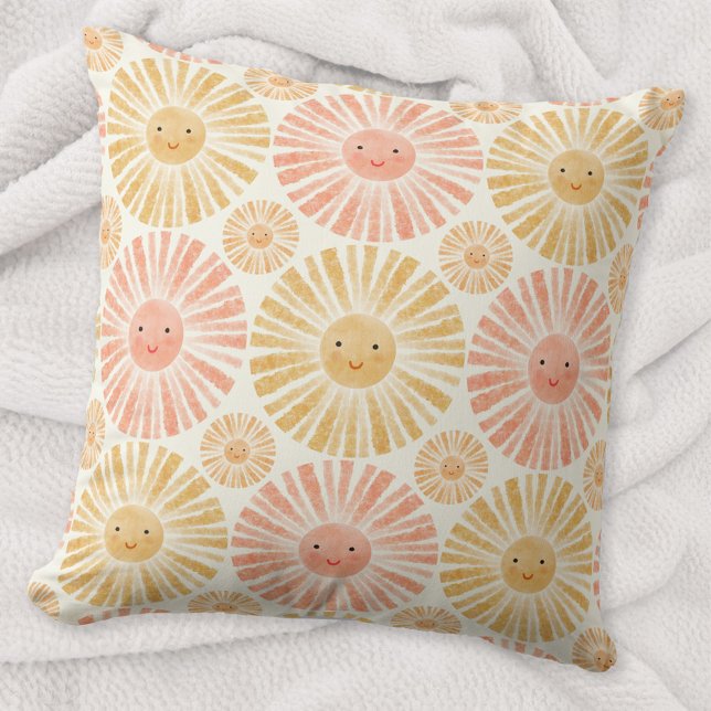 Little Sunshine Watercolor Pattern Throw Pillow (Happy watercolor sunshine pattern throw pillow)
