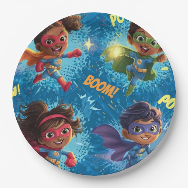 Little Superheroes Party Paper Plates (Front)