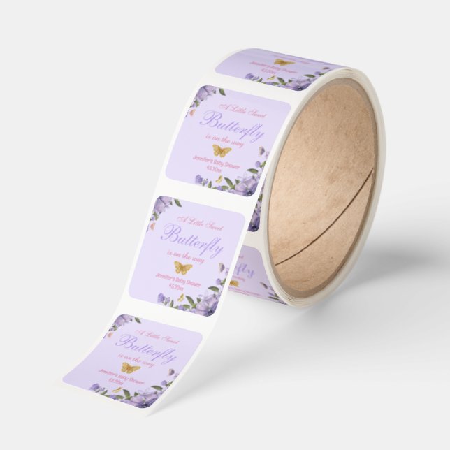 little sweet butterfly purple flowers baby shower  square sticker (Roll)