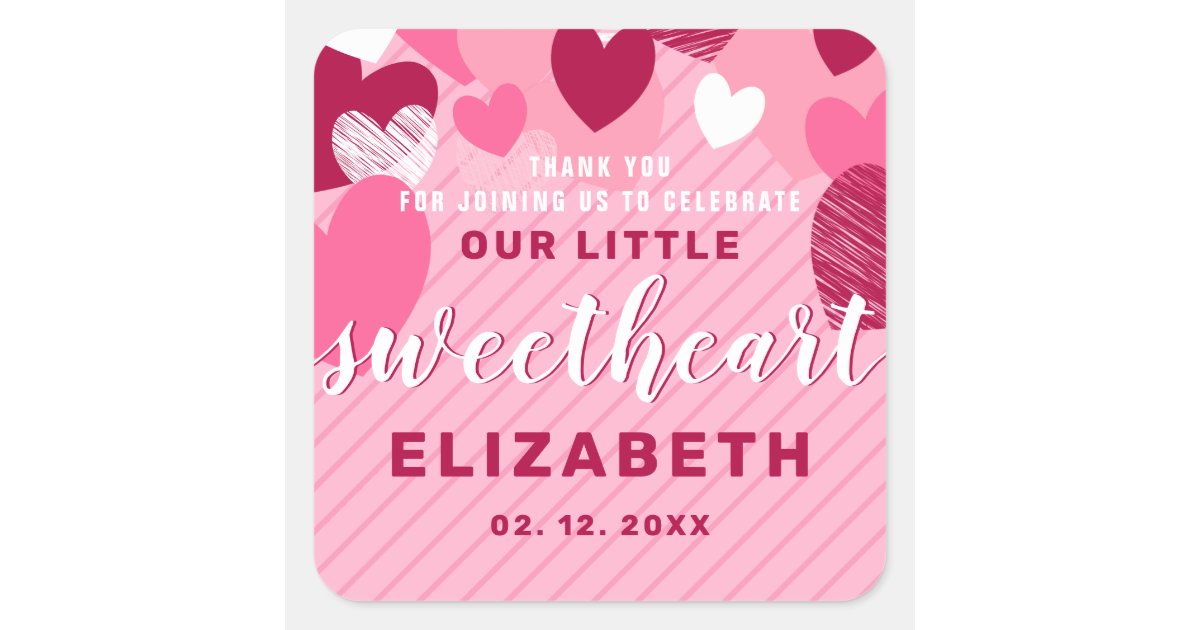 Little Sweet Heart Pink Birthday Thank You Custom Square Sticker | Zazzle