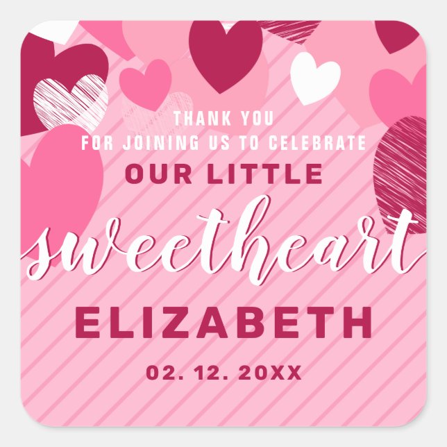 Little Sweet Heart Pink Birthday Thank You Custom Square Sticker (Front)