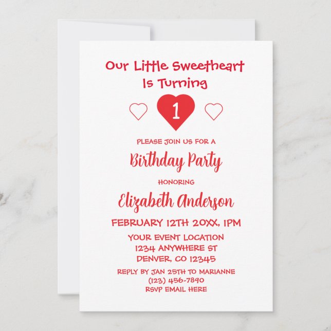 Little Sweetheart 1st Birthday Invitation (Front)