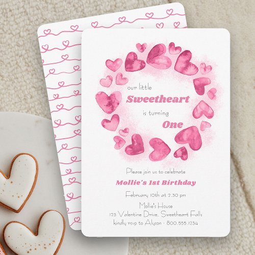 Little Sweetheart 1st Birthday Pink Love Heart Invitation