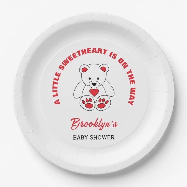 Little Sweetheart Baby Shower Red White Teddy Bear Paper Plates (Front)