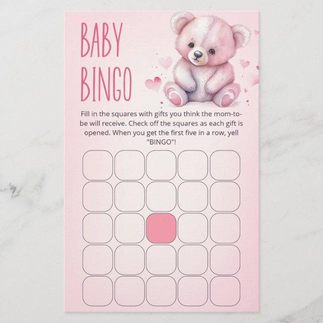 Little sweetheart bear Baby Shower bingo game (Front)