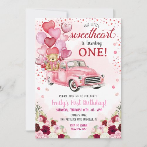 Little Sweetheart Bear Pink Hearts Truck Birthday Invitation