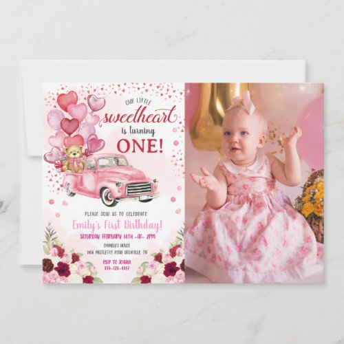 Little Sweetheart Bear Pink Truck Birthday Photo Invitation