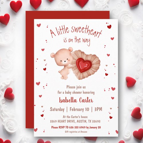 Little Sweetheart Bear Red Valentines Baby Shower Invitation