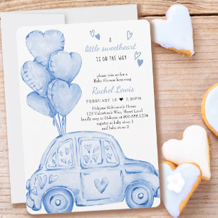 Little Sweetheart Blue Car and Balloon Baby Shower Invitation