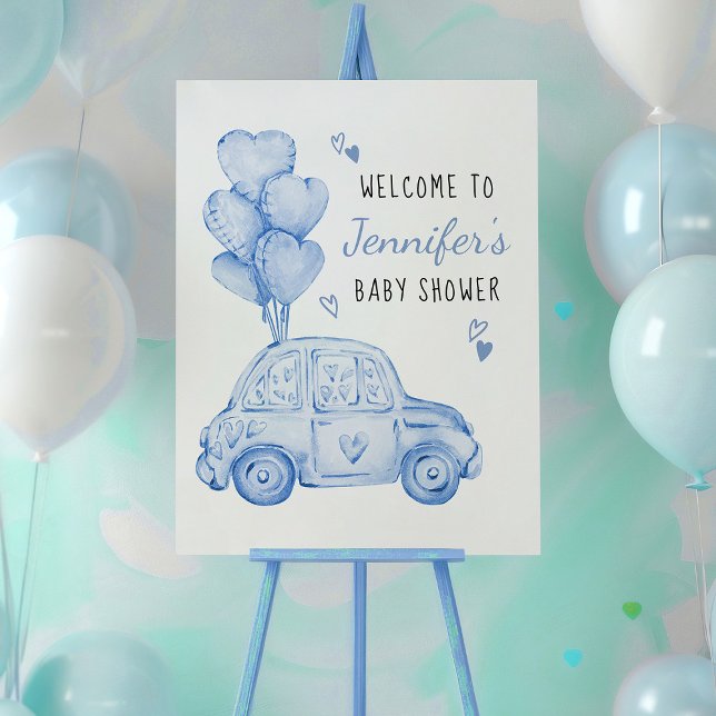 Little Sweetheart Blue Car and Balloons Welcome Poster (Sweetheart themed baby shower welcome sign with blue car and balloons by Darling & May)