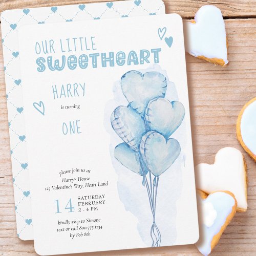 Little Sweetheart Blue Heart Balloons 1st Birthday Invitation