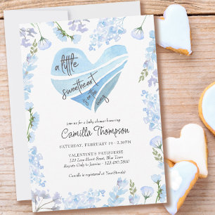 Little Sweetheart Blue Heart Flowers Baby Shower Invitation
