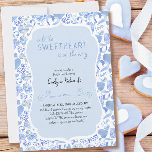 Little Sweetheart Blue Love Heart Boy Baby Shower Invitation