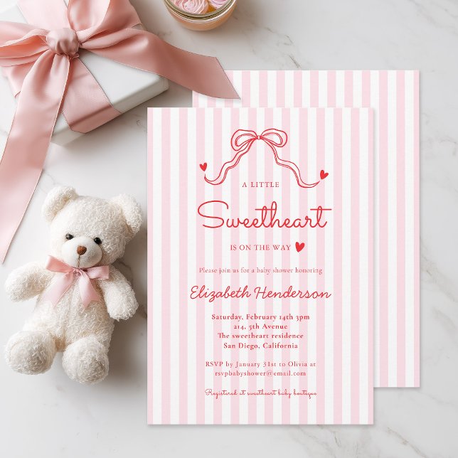 Little Sweetheart Bow Pink Stripe Baby Shower Invitation (Creator Uploaded)