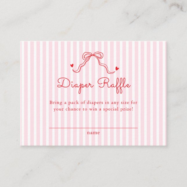 Little Sweetheart Bow Pink Stripes Diaper Raffle Enclosure Card (Front)