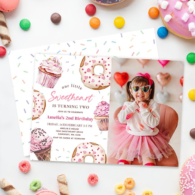 Little Sweetheart Cupcake & Donut Birthday Photo Invitation (Creator Uploaded)