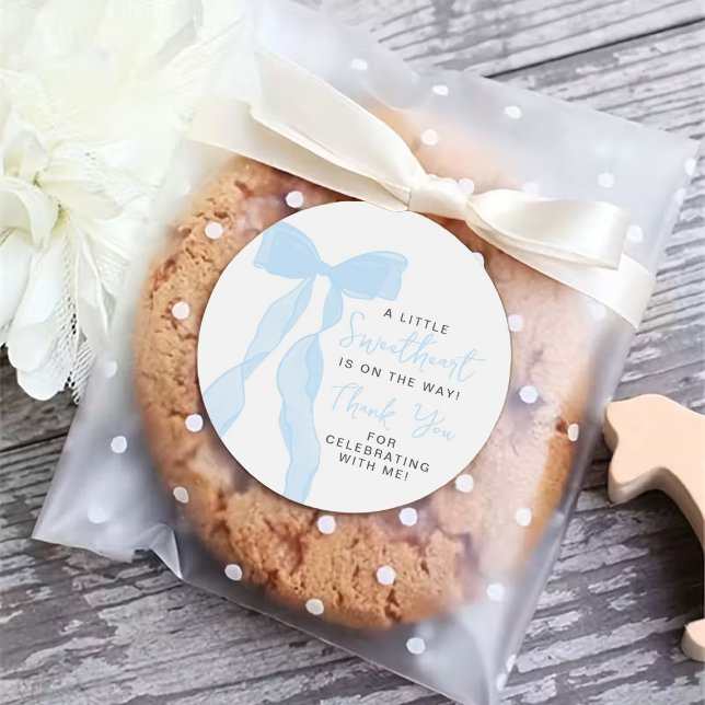 Little Sweetheart Elegant Blue Bow Baby Shower Classic Round Sticker (Creator Uploaded)