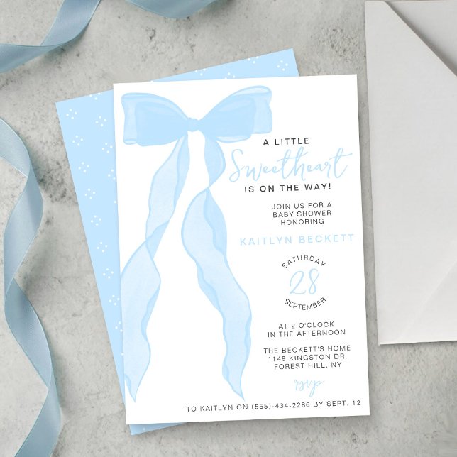 Little Sweetheart Elegant Blue Bow Baby Shower Invitation (Creator Uploaded)