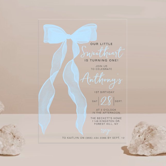 Little Sweetheart Elegant Blue Bow Birthday Party Acrylic Invitations (Creator Uploaded)