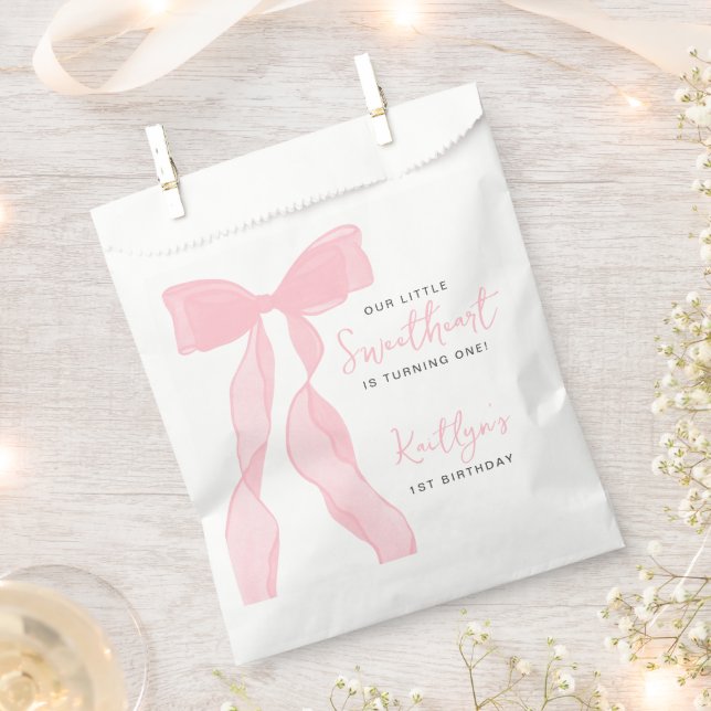 Little Sweetheart Elegant Pink Bow Birthday Party Favor Bag (Clipped)