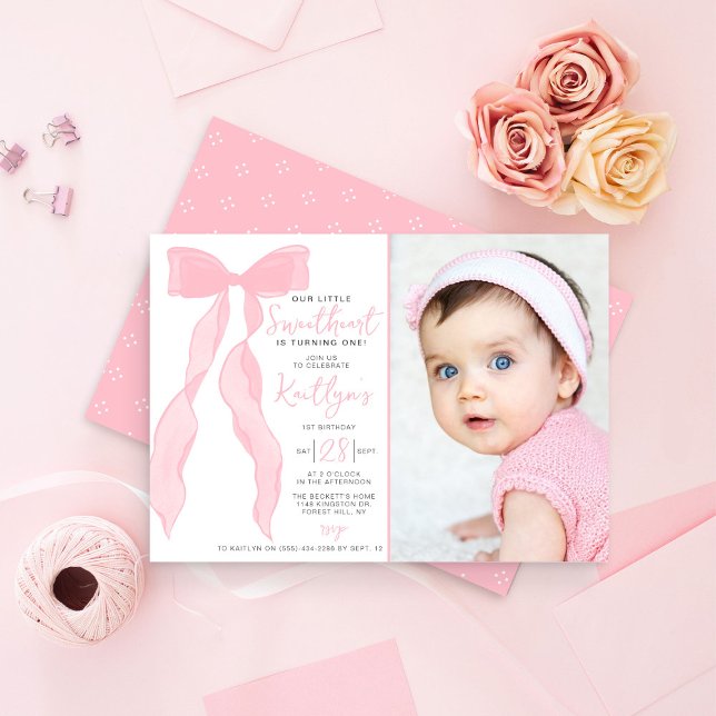 Little Sweetheart Elegant Pink Bow Birthday Photo Invitation (Creator Uploaded)