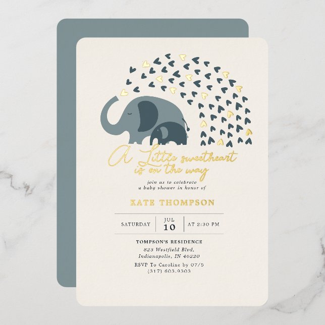 Little Sweetheart Elephant Boy Baby Shower Gold Foil Invitation (Front/Back)