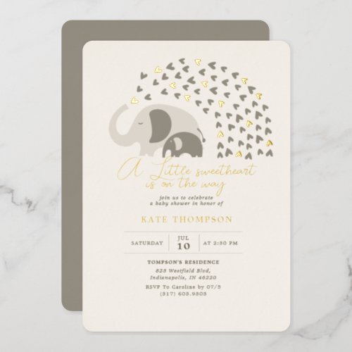 Little Sweetheart Elephant Neutra Baby Shower Gold Foil Invitation