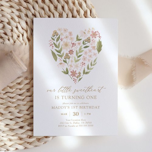 Little Sweetheart Floral Heart Birthday Invitation