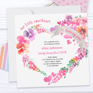 Little Sweetheart Floral Heart Girls 1st Birthday Invitation