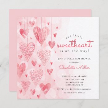 Little Sweetheart Hanging Hearts Girls Baby Shower Invitation by celebrateitinvites at Zazzle