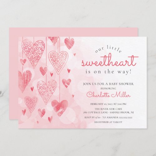 Little Sweetheart Hanging Hearts Girls Baby Shower Invitation