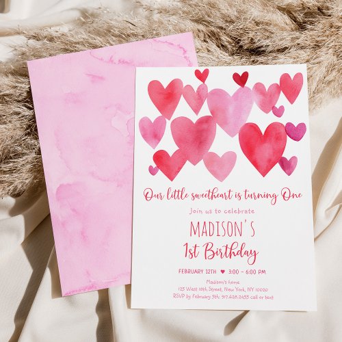 Little Sweetheart Hearts First Birthday Invitation