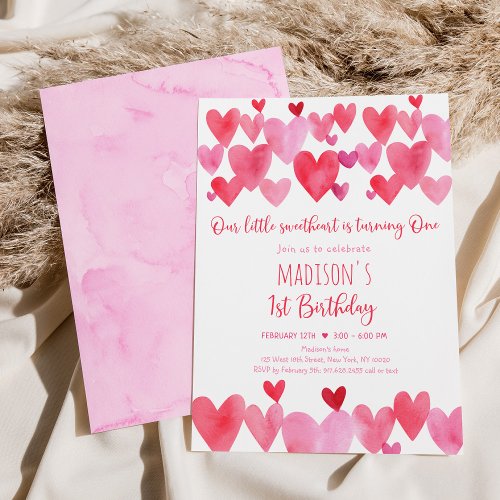 Little Sweetheart Hearts First Birthday Invitation