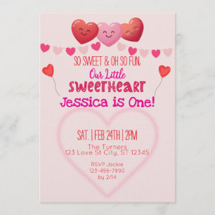 Little Sweetheart is One, Hearts 1st Birthday Invitation