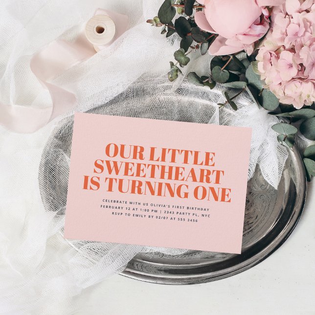 Little Sweetheart Modern Girl 1st Birthday Invitation (Creator Uploaded)