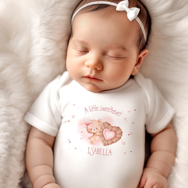 Little Sweetheart Pink Baby Bear Name Girl Bodysuit (Little Sweetheart Pink Baby Bear Girl Baby Bodysuit)
